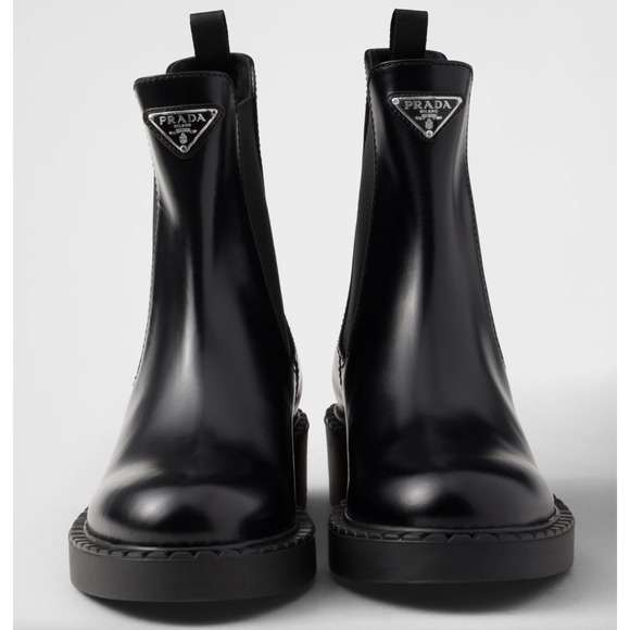 Prada Chocolate Brushed Leather Black Pull On Chelsea Ankle Mid Calf Boot 38.5 - Picture 9 of 16